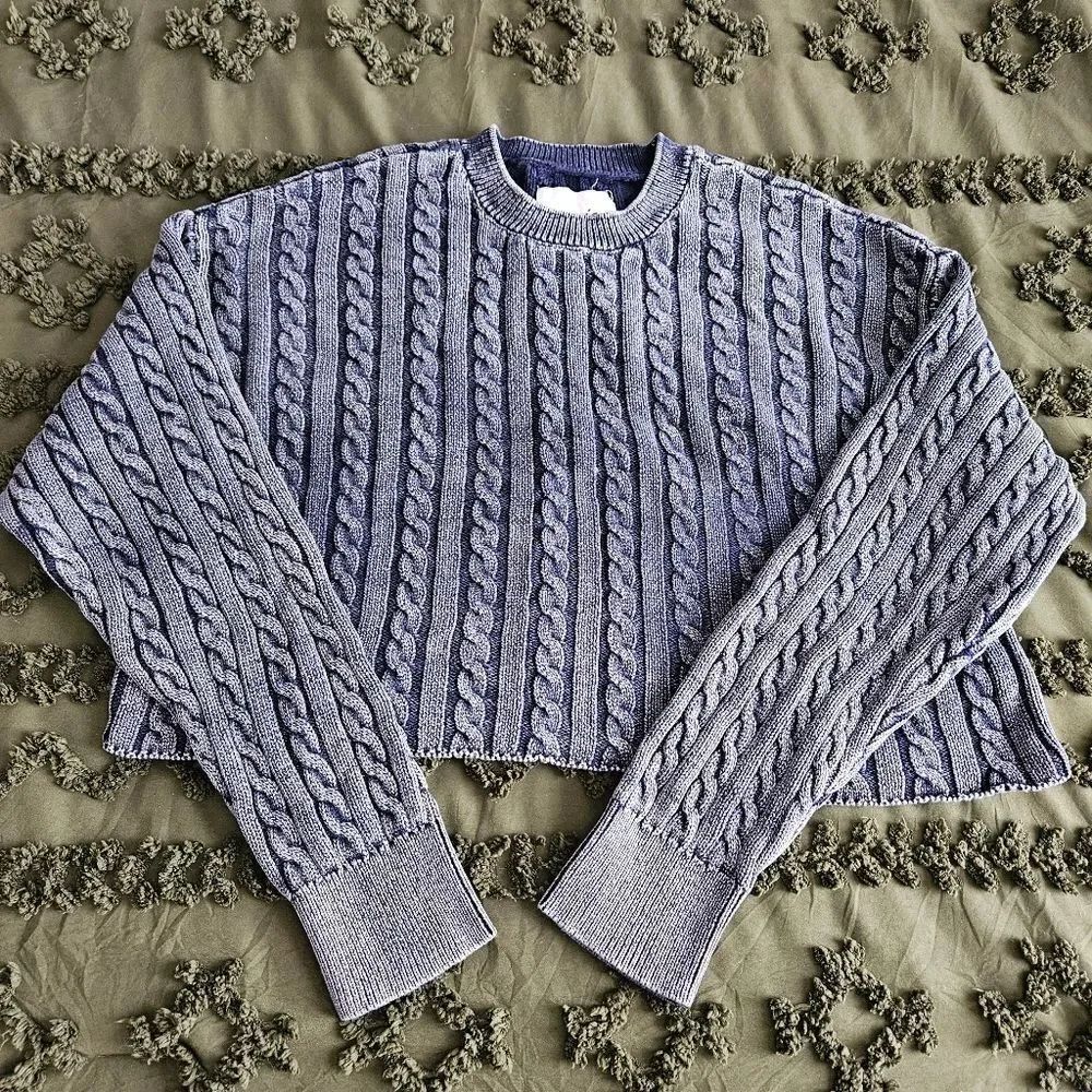 Aerie Cropped Cable Knit Sweater XL Purple Chunky Cozy Crewneck